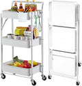Foldable Storage Cart 3 Tier Rolling Cart with Wheels No Assemble Required Metal Utility Kitchen Cart Heavy Duty Folding Storage and Organizer for Classroom, Bedroom(White) by Asunflower