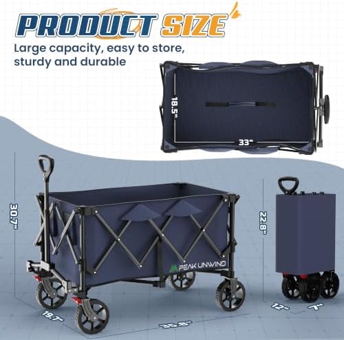 Wagons Carts Foldable,Collapsible Wagon with Wheels,450LBS Heavy Duty Beach Wagon Cart,Lightweight Portable Folding Utility Wagon Cart with Cup Holders for Camping, Garden, Sports, Grocery pcs (Blue) - Image 2