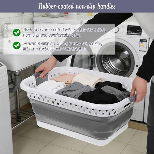 2 Pcs Collapsible Laundry Baskets, 11 Gallon 42L Collapsible Laundry Clothes Hamper, Foldable Laundry Hamper with Non-Slip Handles, Portable Space Saving Pop-Up Laundry Hamper Container (Grey-White) - Image 7