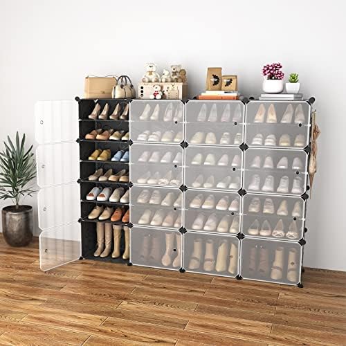 Portable Shoe Rack with Door, 64 Pairs Cabinet Easy Assembly, Plastic Adjustable Shoe Storage Organizer Stackable Detachable Free Standing DIY Expandable 8 Tier Black - Image 2