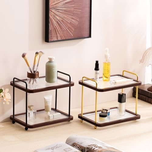 2-Tier Bathroom Counter Organizer with Transparent Stripe Acrylic Shelves, Brown Wood Frame and Black Metal Support, Rustproof Vanity Storage Rack for Skincare Cosmetics and Toiletries - Image 7