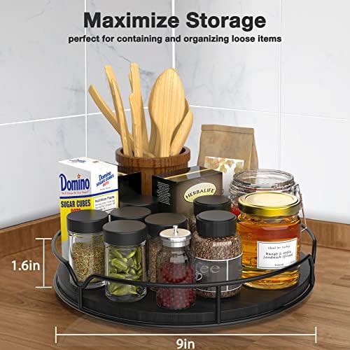 Lazy Susan Turntable Organizer with Anti-Slip Mat for Cabinet Pantry Kitchen Countertop Refrigerator Office, Pine Wood, 10", Black - Image 4