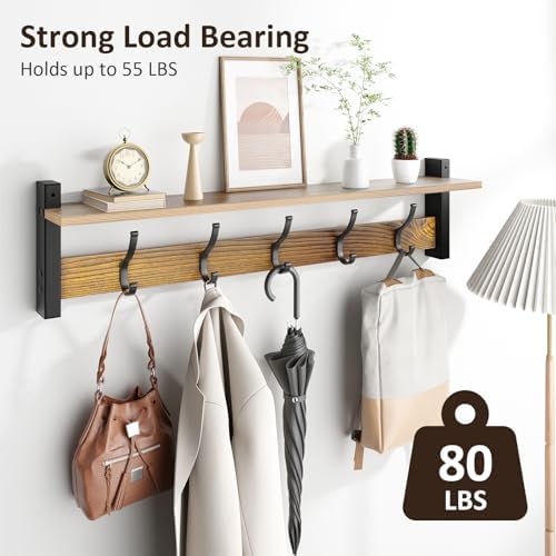 Optish Coat Rack Wall Mount with Shelf, 29 Inch Coat Hanger Walls Mounted, Hat Rack for Walls, Shelf with 5 Coat Hooks, Wall Hanger for Entryway (Brown) - Image 2