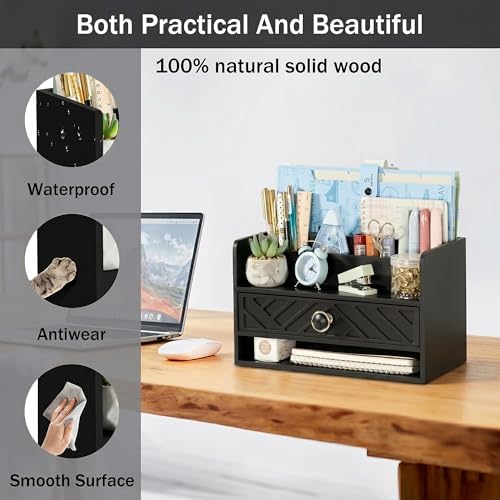 dreampossible Black Wood Desk Organizer and Accessories with Drawer, Bill Mail Organizer and File Mail Holder for Office Supplies, Desk Accessories & Workspace Organizers for Desk Organization - Image 3