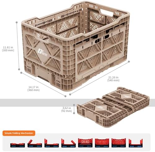 Bigant Heavy Duty Collapsible & Stackable Plastic Milk Crate-Medium Size, Tan, Stackable Open Front Organizer, Snap Lock Foldable Industrial Garage Storage Bin Container Utility Basket - Image 6