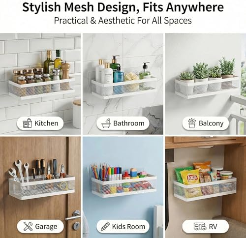 PUSDON Mesh Shower Caddy Wall Mount, Heavy Duty Adhesive Bathroom Shelf Organizer, Rustproof Floating Spice Rack for Kitchen Pantry, Holds 50 LBS, Multi-Purpose Storage White-2 Packs (Netting) - Image 4