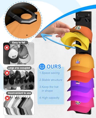 2 Pack Hat Organizer for Baseball Caps, Strong Adhesive Hat Rack for Wall, Multilayer Hat Storage Display Holder for Door Closet, Cap Organizer Storage Wall Mounted Hat Hooks Hold up to 18 Hat (Black) - Image 3