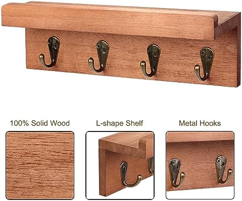 Key Holder Wall Mount, Farmhouse Wall Shelf with 4 Hooks for Entryway - Image 3