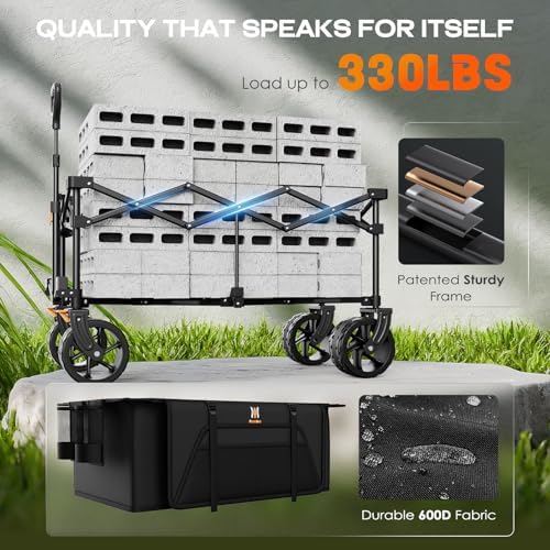 Navatiee Big Wheels Collapsible Wagon Cart Foldable, Heavy Duty Beach Wagon with Silent All-Terrain Wheels, Folding Utility Grocery Cart with Side Pocket and Brakes for Camping Garden Sports, Black - Image 3