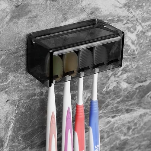 Toothbrush Holder Wall Mounted with Cover for Bathroom, 4 Slots Toothbrush Storage Organizer for Shower, Self Adhesive Toothbrush Hanger Rack for Dorm, Cabinet (Gray Clear) - Image 4
