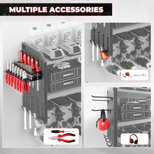 KAFAHOM Power Tool Organizer with Charging Station, Built in 8 Outlet Power Strip, Large 8 Drill Holder Wall Mount, Heavy Duty Metal Power Tool Storage Rack Tool Shelf for Garage Organization Red - Image 3