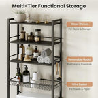 Over The Toilet Storage Shelf, 4-Tier Bathroom Organizer with Basket & Hooks, Sturdy Space Saver for Small Bathrooms, Black - Image 3