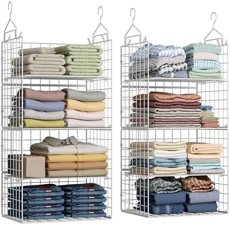 X-cosrack 8-Tier Closet Hanging Organizer Shelf - Hanging Clothes Organizer Shelves, Metal & Foldable Hanging Closet Organizer Baskets with Adjustable Dividers for Clothing Sweaters Shoes Handbags by X-cosrack