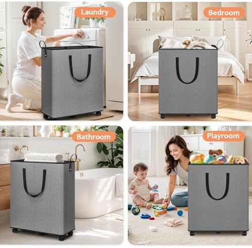 SpaceTrove Rolling Laundry Basket with Wheels, Laundry Hamper, 155L, Grey - Image 7