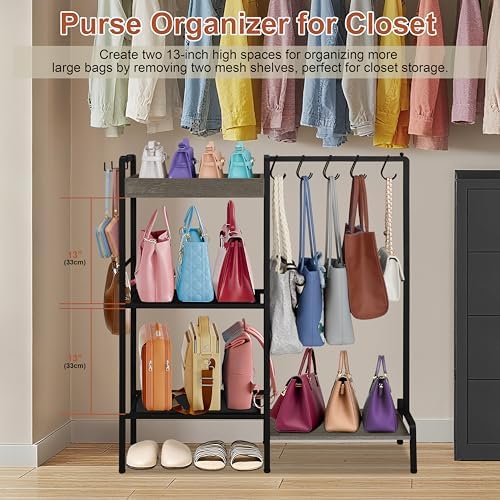 2-in-1 Shoe and Purse Rack, 5-Tier Shoe Rack with Wooden Tray & 7 Hooks, Industrial Metal Shoe Shelf with Removable Shelves for Entryway, Front Door Entrance, Closet, Boot Storage, Black - Image 6