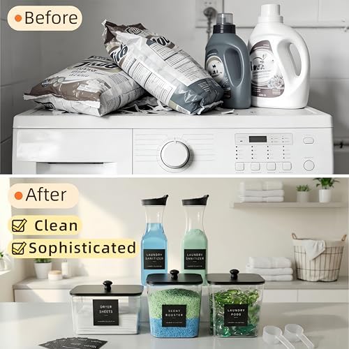 3+2 Pack Laundry Pods Containers & Dryer Sheet Holder & Laundry Detergent Dispenser, Laundry Room Organization and Storage Jars with Lids, Labels and Scoops for Scent Booster, Powder, Pods - Image 5