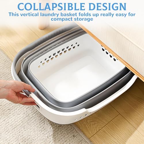 2 Pcs Collapsible Laundry Baskets for Clothes, 43L Plastic Laundry Hamper for Dorm Bedroom, Space Saving Pop-Up Laundry Hamper Container, Durable Foldable Laundry Basket with Handles (Grey-White) - Image 5