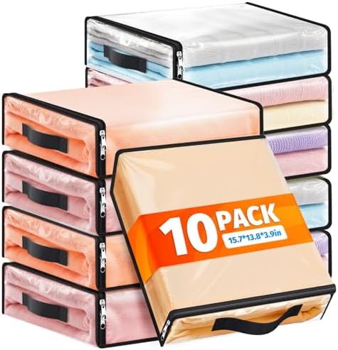 SpaceWhisper Clear Sheet Storage Bags, 10 Pack, 15.7 x 13.8 x 3.9 in | Sheet organizers and storage, zippered closure, thick plastic, reinforced handles, clothes, blankets, under-bed storage by Unknown