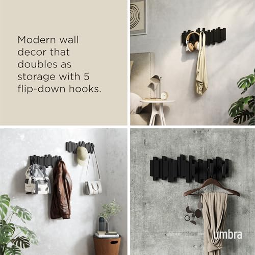 Umbra Sticks Wall Mount Coat Rack, 5 Hook Retractable Pegs, Black - Image 4