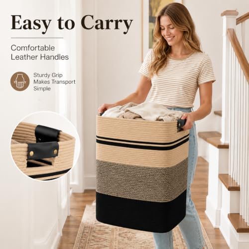 Laundry Hamper, Cotton Rope Laundry Basket with Leather Handles, 21.1-Gallon/80 L Large Clothes Hampers for Laundry, Woven Laundry Baskets for Blankets, Clothing, Bedroom, Living Room, Nursery - Image 4