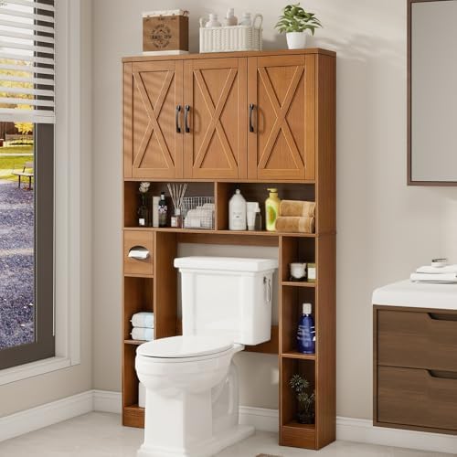 Vabches Over The Toilet Storage Cabinet with 3 Barn Doors.Light Walnut - Image 7