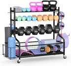 PLKOW Dumbbell Rack, Weight Rack for Dumbbells, Home Gym Storage for Dumbbells Kettlebells Yoga Mat and Balls, All in One Workout Storage with Wheels and Hooks, Powder Coated Finish Steel by PLKOW