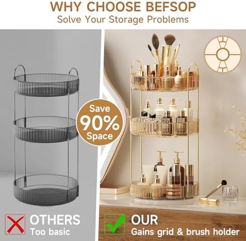 360° Rotating Makeup Organizer, Upgraded 3 Tier Skincare Perfume Organizers for Women, Bathroom Organizer Countertop, Clear Cosmetic Dresser Organizer with Makeup Brush Holder, Sink&Counter(Amber) - Image 3
