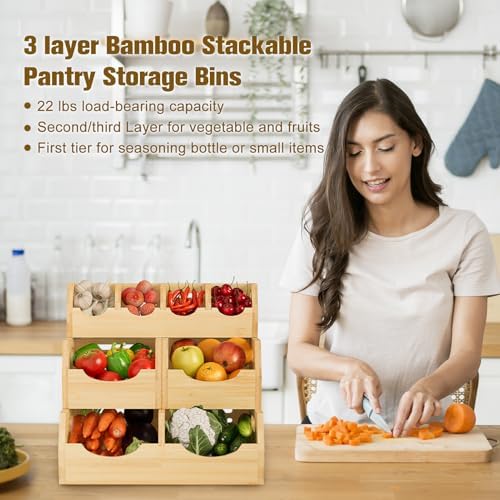 Upgraded 3-Tier Bamboo Pantry Storage Bins, Ventilated Stackable Potato & Onion Organizer w/ Spice Tray & 3 Veggies Baskets for Kitchen, Pantry, Bathroom & Living Room - Image 5
