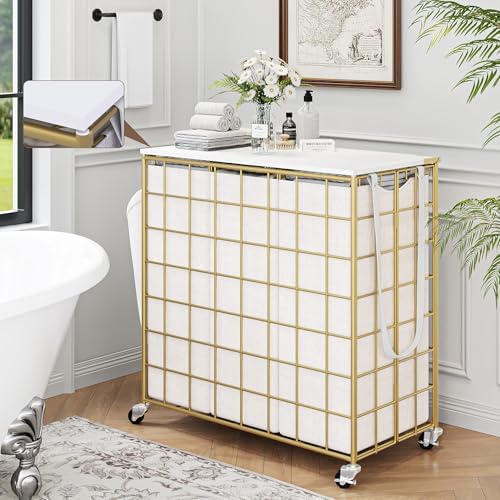 Laundry Basket with Wheels, Heavy Duty Laundry Sorter 3 Sections, 140L (37Gal.) Large Capacity Hamper with Wood Lid, 360 Rolling Wheels, Extra Side Pocket, Leather Pull Handle,Golden+Beige - Image 7