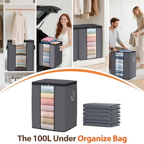 SpaceWhisper 6 Pack 100L Clothes Storage, Foldable Storage Bags, Grey | Thick Fabric, Clear Window, with Reinforced Handle, for Clothing, Blanket, Comforters, Bedding Organizing - Image 6