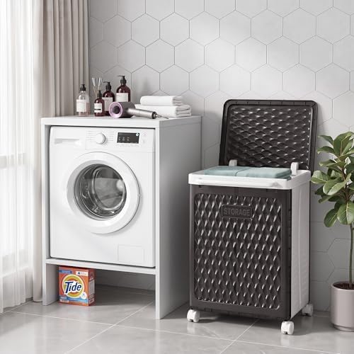 VECELO Rolling Laundry Hamper with Wheels and Lid, Foldable Plastic Laundry Basket with Handle, Rolling Divided Laundry Cart for Small Spaces, Laundry, Bathroom, Bedroom, Black - Image 2