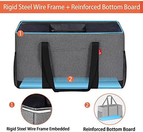 Extra Large Utility Tote Bag, Foldable Reusable Grocery Bags with Metal Wire Frame & Reinforced Bottom Board, Stand Up Large Utility Tote for Shopping, Beach Bag, Laundry, Car (Grey) - Image 6