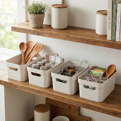 BINO | Plastic Storage Bins, 4 Liter - 4 Pack, Natural White | THE MODERN COLLECTION | Plastic Bins for Organization | Woven Storage Baskets for Organizing Pantry Shelf Organizer Basket Container Bin - Image 3