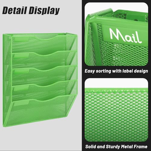 EASEPRES 5 Pocket Mesh Hanging Wall File Organizer, Wall Mounted Mail Paper Document Folder Holder, Clipboard Storage Organization Magazine Rack with Nametag Label for Office Home School, Green - Image 4