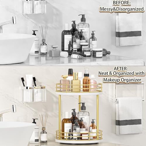 2-Tier Rotating Bathroom Countertop Organizer, Wooden Makeup Vanity Storage, Multifunctional Lazy Susan Turntable for Skincare, Perfume and Cosmetics (White-Gold) - Image 3