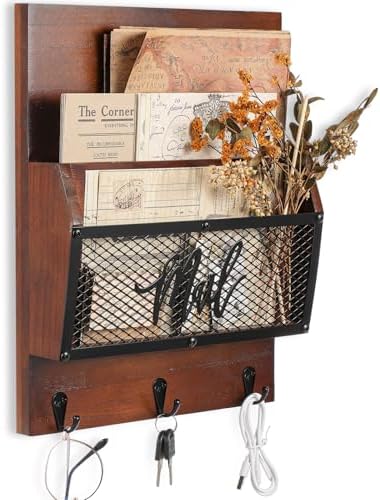 Yalikop Farmhouse Mail Organizer Wall Mounted Rustic Mail Holder Hanging Key Sorter with 3 Hooks Indoor Wooden Wall Mounted, Letter, Magazines, Newspapers, Keys (Classics,Dark Brown) by Yalikop