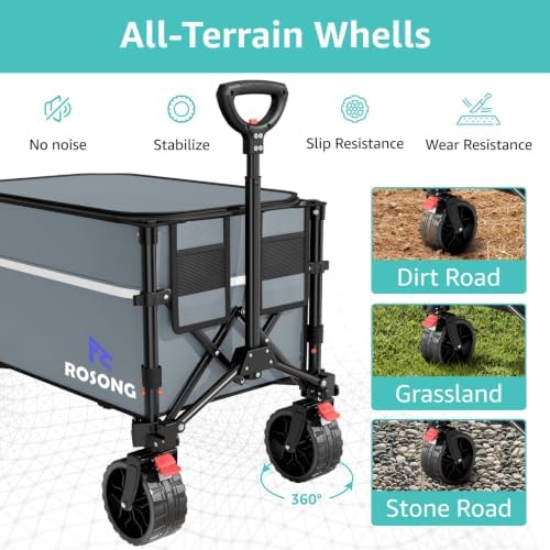 ROSONG Collapsible Wagon Cart with Wheels, Grey with Cover, 120L - Image 5