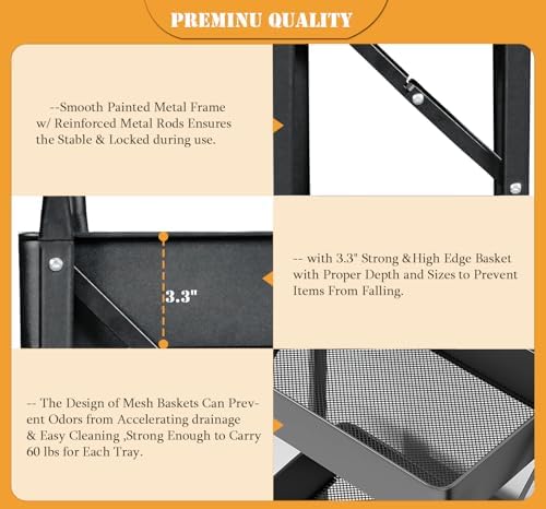 Foldable Rolling Cart 3 Tier Utility Storage Cart No Assembly Metal Heavy Duty Kitchen Carts Folding on Wheels Trolley Organizer Cart with Cup and Hooks for Office/Classroom/Dorm(Black) - Image 5
