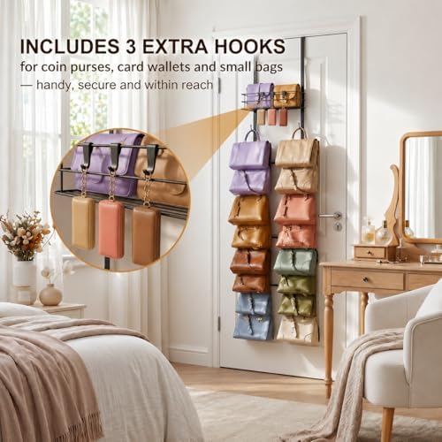 Over the Door Purse Organizer Handbag Storage with 16 Hooks Black - Image 2