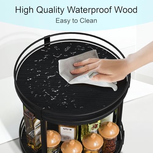 Snughome Lazy Susan Spice Rack, 2 Tier Rotating Spice Rack, Wood Lazy Susan Organizer for Cabinet, Black Kitchen Counter Shelf, 10.2" x 10.2" x 10.4" - Image 6