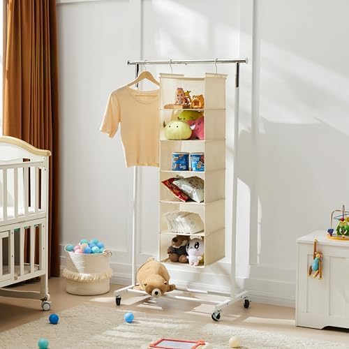 MAX Houser 6 Tier Shelf Hanging Closet Organizer with 2 Hooks, Beige | foldable lightweight fabric closet storage, space-saving design for Bedroom, Closet Hanging Shelf for Storage - Image 6