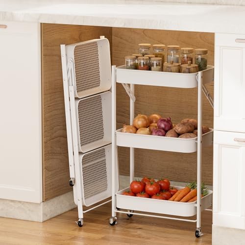 JAQ Foldable Rolling Cart with Wheels, No Assembly Required 3-Tier Small Utility Cart, 26.8" Low Profile Under Desk Storage Cart, 10" Wide Narrow Organizer for Office and Kitchen, White by JAQ-BuyNow