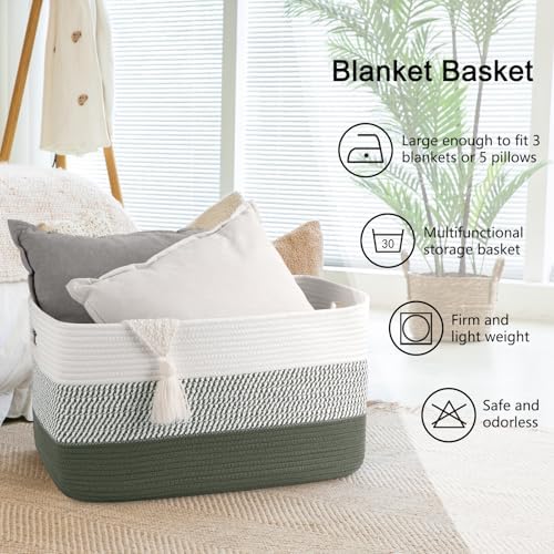 OIAHOMY Blanket Basket Laundry Basket Dog Toy Basket 75L Green/White - Image 6