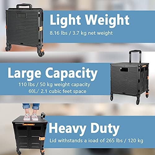 FELICON SELORSS Foldable Utility Cart Folding Portable Rolling Crate-Black - Image 3
