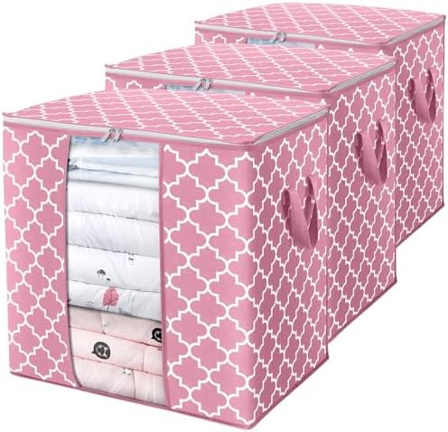Storage Bags 3 Pack 100L Clothes Organization and Storage Containers | Large Blanket for Comforters,Bedding, Foldable Organizer with Reinforced Handle, Clear Window, Sturdy Zippers, Pink by WiseLife
