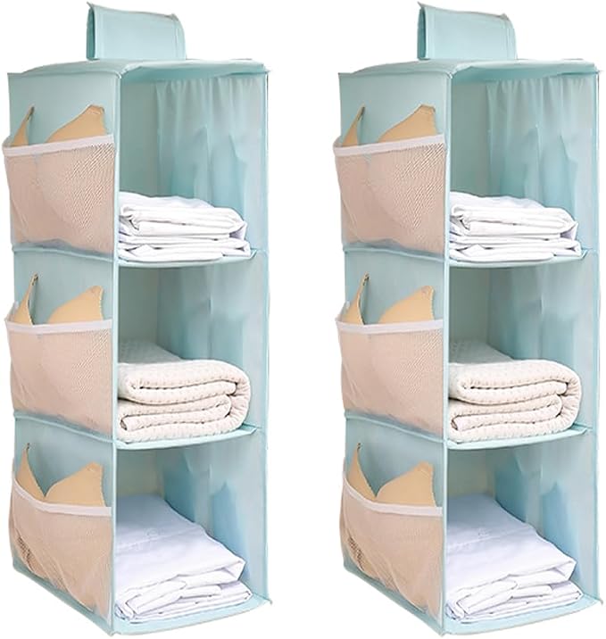 Hanging Closet Organizer, 4-Section Storage Shelves, Oxford Cloth with Mesh Pockets, (Cerulean, 3 Section) by Fasolara