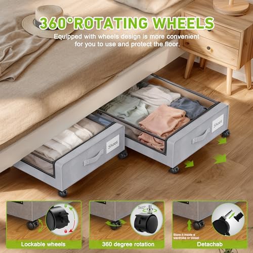 YAASHEEN Under Bed Storage with Wheels, 4-Pack Under the Bed Storage Containers with Clear Lids & Label, Underbed Storage Bins, XXL 60L Rolling Metal Drawer for Clothes, Shoes, Toys, Books - Gray - Image 3