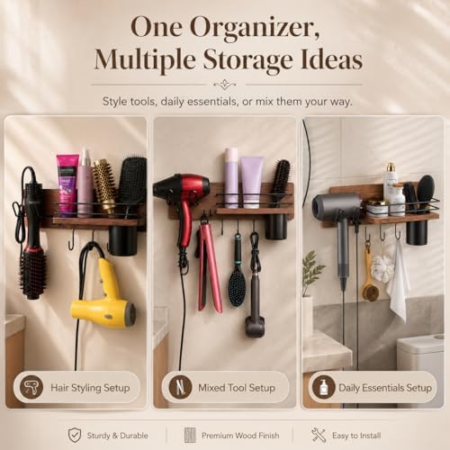 RoleDes Wooden Hair Dryer Holder Wall Mounted, Bathroom Hair Tool Organizer, Blow Dryer Holder Shelf, Curling Iron and Hair Styling Tools Organizer - Image 5