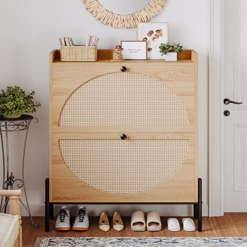 IRONCK Rattan Shoe Cabinet Storage with 2 Flip Drawers, Oak - Image 4