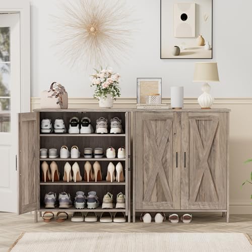 Homleke Farmhouse Shoe Cabinet with 2 Barn Doors & Wood Legs - Image 3